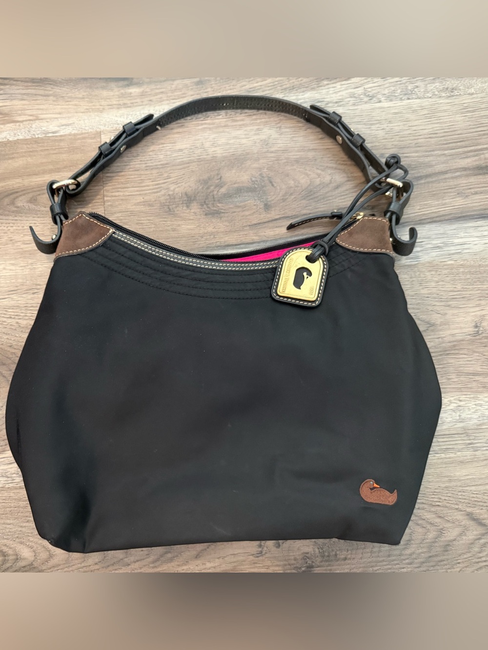 Dooney & Bourke Black Nylon Hobo with Brown Leather Trim and Gold Tag